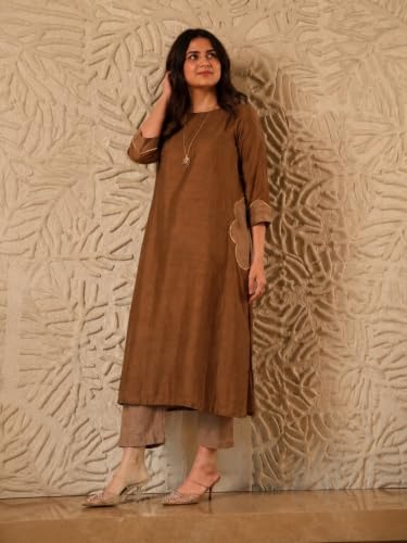 Image of ANNI Designer Viscose Blend Solid Kurta with Pant for Women | A-Line Kurti Set for Woman | 3 /4 Sleeve Close Round Neck Stylish Kurta Pant Ethnic Outfit Party Wedding