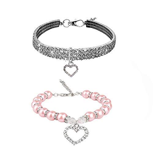 WoYous Rhinestones Dog Collar and Pearl Dog Necklace Set, Adjustable Neck Strap Bling Full Diamond Crystal Cute Pearl Collar for Small Girls Cats