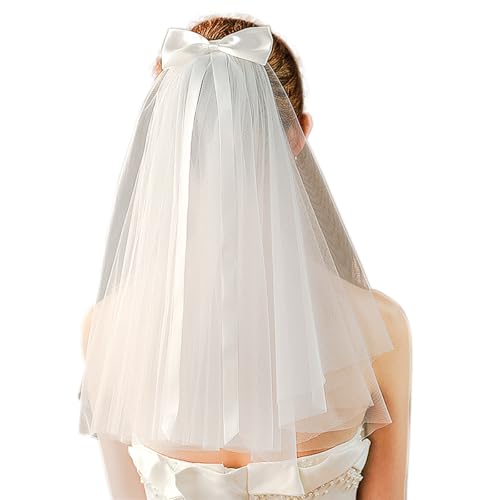 Wedding Veil for Brides, Short White 2 Tier Tulle with Bow Hair Comb, Wedding Travel Bachelorette Party for Women
