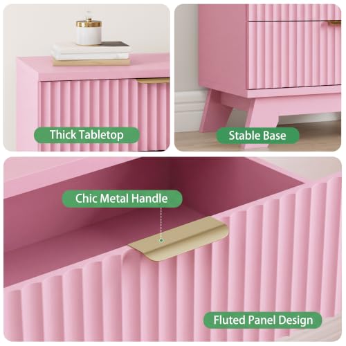 Image of Xixini Fluted Nightstand with 4 Drawers, 31.5 inch Wide Side Table, Pink