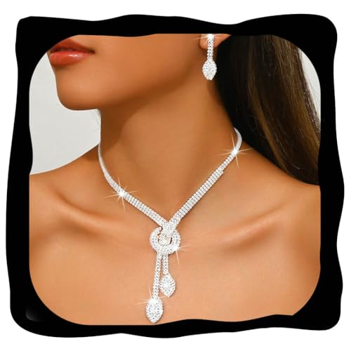 Unicra Silver Rhinestone Bridal Wedding Jewelry Set Crystal Necklace Earrings Sets Formal Prom Costume Jewelry Sets for Women and Brides (Silver)