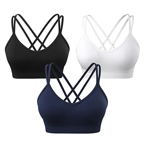 Image of VEQKING Strappy Cross Back Women Sports Bra Pack for Medium Support Workout | Removable Padded Cups, Spaghetti Strap, Comfort Seamless Wirefree, Soft Breathable Fabric, for Gym /Yoga /Pilates /Walking /Daily
