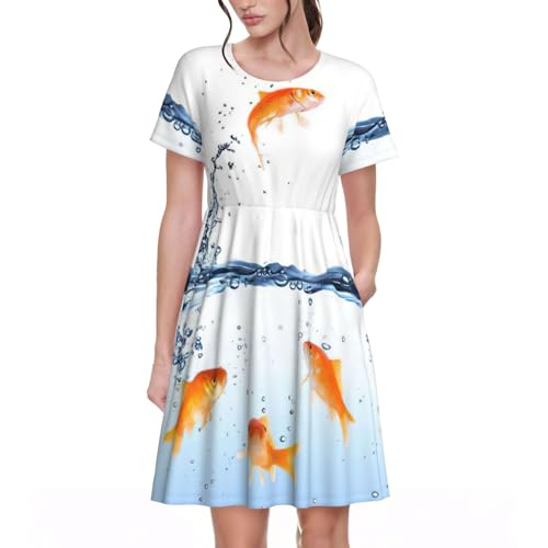 Robe d'été décontractée à manches courtes col rond imprimé poisson