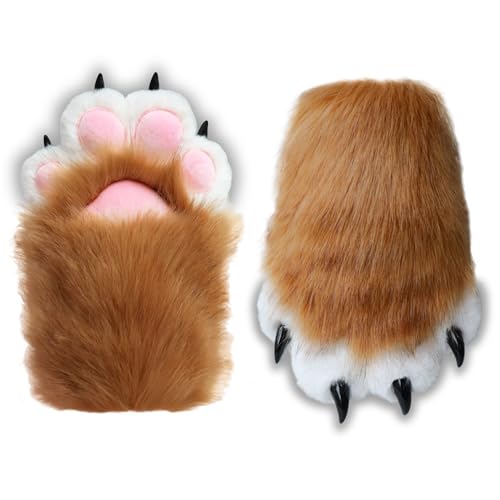 Brown Therian Paws Comfy Furry Paws Faux Fur Fursuit Paws, Fluffy Therian Stuff Therian Gear, Simpatici guanti a zampa di gatto Guanti Therian con artigli, Roba pelosa Fox Paws Wolf Paws Guanti,