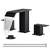   FORIOUS-Matte-Black-Waterfall-Bathroom-Faucets-3-Hole-8-Inch-Widespread-2-Handles-Bathroom-Sink-Faucet-with-Pop-up-Drain-and-Flexible-Hot-and-Cold-Water-Hoses-Suitable-for-Vanity-RV-Restroom