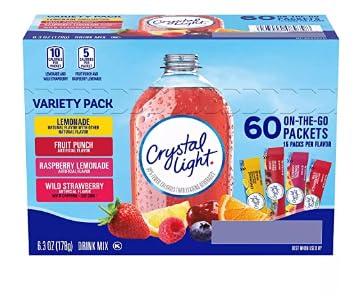 Crystal Light Bools Sugar-Free, Lemonade, Fruit Punch, Raspberry Lemonade, Wild Strawberry Lemonade, Travel Powder Drink Mix, Variety Pack, 60 Counts, Each Pack Fits In One Gar
