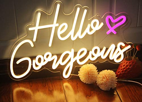 Image of DAKABUKA Hello Gorgeous Neon Sign Hello Beautiful Warm White LED Neon Lights for Home Wedding Birthday Backdrop Bacelorette Party Wth Dimmable Switch(5V,16.5X10.6inches)