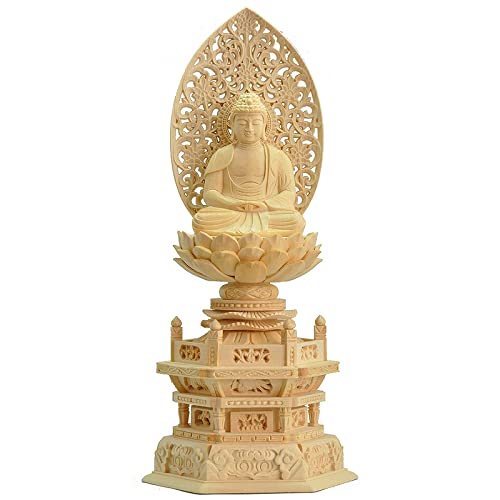 福和屋 仏像【天台宗】木製仏像 阿弥陀如来座像 桧木材 六角台座 唐草光背 1.8寸 本尊 木彫り