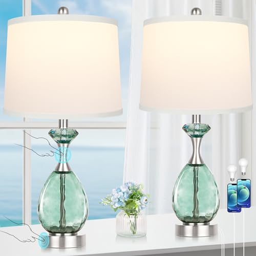 Hamucd Coastal Glass Table Lamps Set of 2, 3-Way Dimmable Touch Control Nautical Lamp with USB A+C Ports,Bedside Lamps Beach Decor, Modern Nightstand Lamps with 2 LED Bulbs for Bedroom Living Room