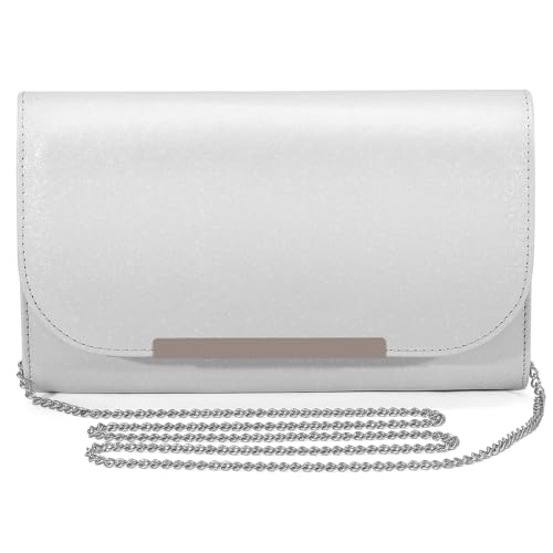 ACILICI Silver Sequin Clutch with Detachable Chain for Wedding Party