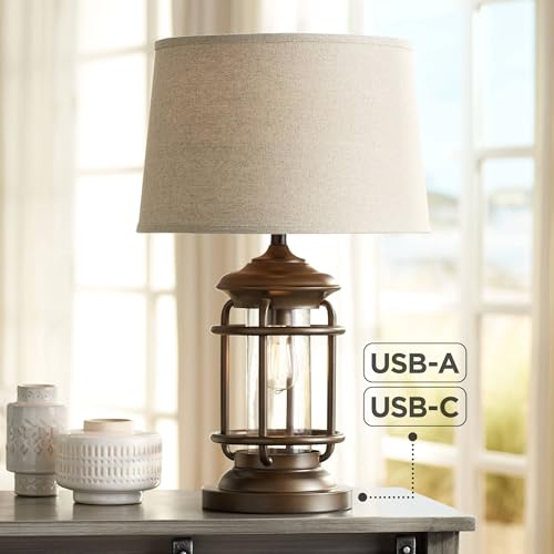 Franklin Iron Works Andreas 26" High Lantern Industrial Farmhouse Rustic Coastal Table Lamps Set of 2 USB Port Night Light Brown Metal Oatmeal Shade Living Room Charging Bedroom Bedside Nightstand - Image 9