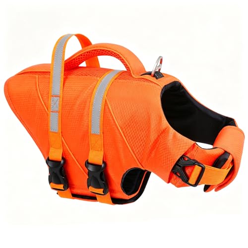 KONVINIT Chaleco Salvavidas Chaleco Flotante para Perros Color de Alta Visibilidad – Dog Life Jacket con Bandas Reflectantes, Cierre de Hebilla Rápido,Asa de Transporte Robusta