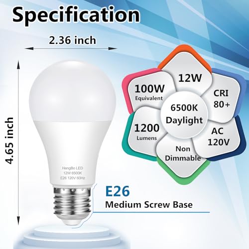 A19 LED Light Bulbs 100 Watt Equivalent, HengBo 6500K Daylight White Light Bulb, 12W 1200 Lumens, Non-Dimmable, E26 Standard Medium Base Super Bright Lamp for Bathroom Home Lighting (Pack of 4) - Image 3