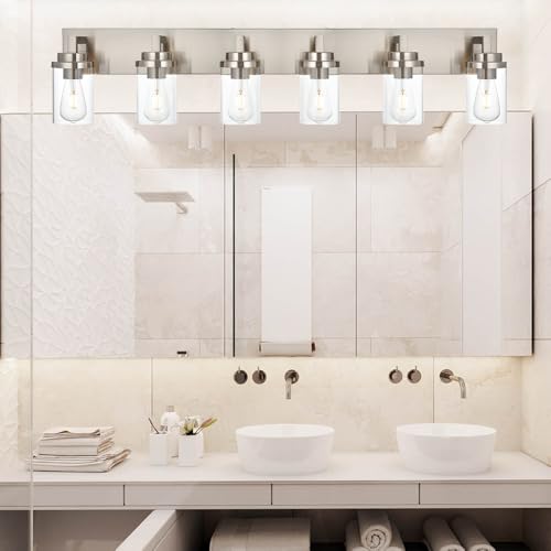 Image of MELUCEE 6-Light Bathroom Lights Over Mirror in Brushed Nickel, Modern Industrial Vanity Lighting Fixture Indoor Wall Lights for Bath Kitchen Powder Room, Clear Glass Shade