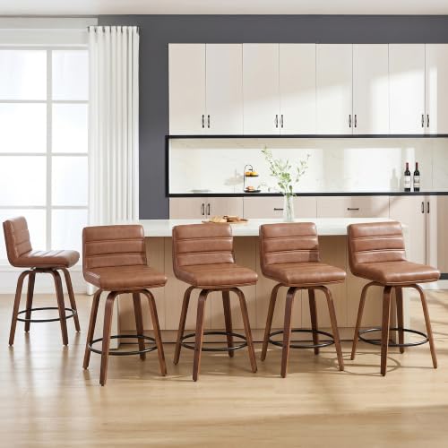 Image of Swivel Bar Stools Set of 5,26 inch Faux Leather Counter Height Barstools with Back,Mid Century Modern Upholstered Bar Chairs with Bentwood Legs Island Stools for Kitchen Counter Brown