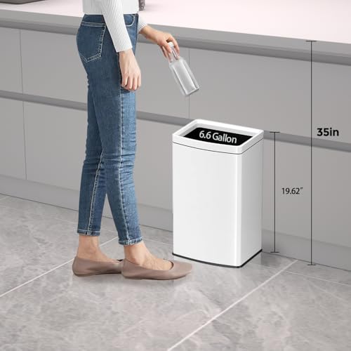 Image of 6.6 Gallon /25L Stainless Steel Square Trash Can, Large Capacity Kitchen Garbage Can, Business Trash Bin, Tall, Elegant, White Waste Basket, for Home, Office, Hotel (25LWhite)