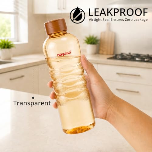Image of Nayasa Revello 1000 ML Pet Plastic Fridge Water Bottles Set of 6 | BPA Free | Leak Proof | Airtight Lid | Brown
