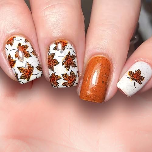 Square Press on Nails Fall Leaves Fake Nails Full Cover Glitter Design Medium Length Glue on Nails Autumn Thanksgiving Acrylic Nails Maple Leaf Artificial Nails Cute Stick on Nails for Women 24Pcs