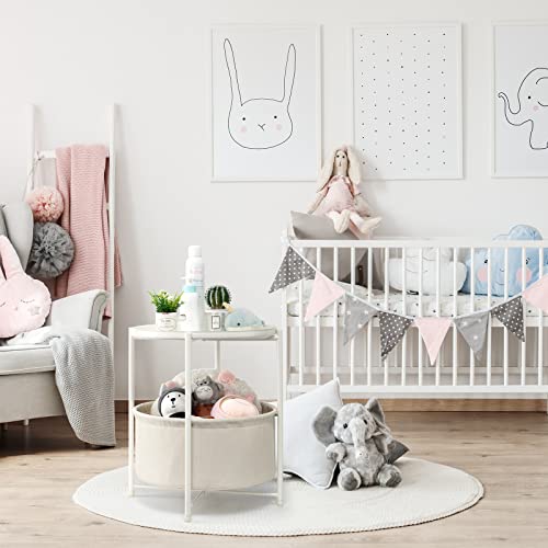 Danpinera Round Side Table With Fabric Storage Basket, Metal Small Bedside Nightstand Removable Tray Top For Living Room, Bedroom, Nursery, Laundry, White #TOP1