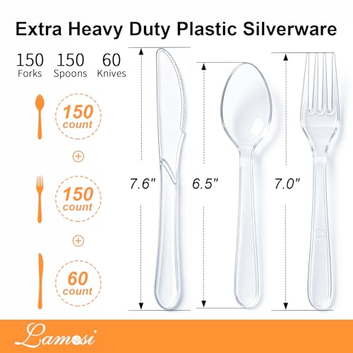 Image of Lamosi 360 Count Extra Heavy Duty Clear Plastic Silverware Set, 150 Forks, 150 Spoons, 60 Knives, Disposable Plastic Utensils Set, BPA-Free, Heat Resistant for Weddings, Parties & Events