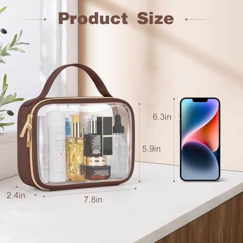 Image of Wedama TSA Approved Toiletry Bag, 3 Pack Clear Makeup Bags with Handles, Quart Size PVC Clear Cosmetic Bags for Women and Men, Carry on Airport Airline Compliant Bag, Brown
