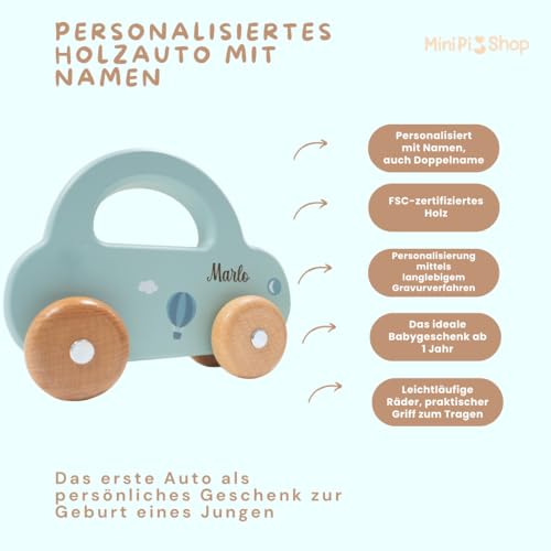 minipishop® Babygeschenke zur Geburt Junge personalisiert -Holzauto ab 1 Jahr als Spielzeug oder Babygeschenk Geburt türkis Erstes Auto mit Namen