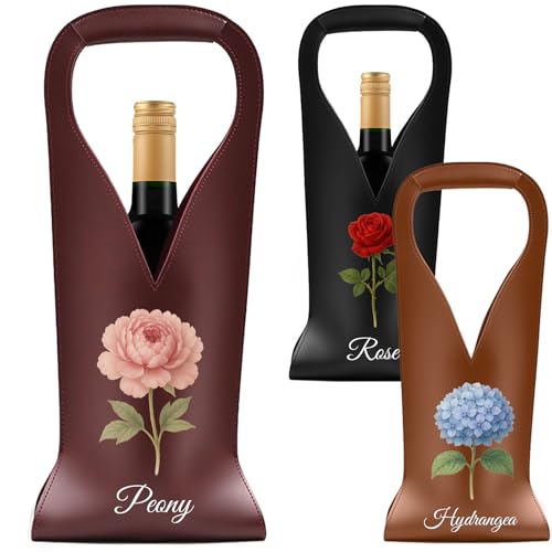 NYLGOXITK Personalized Leather Wine Tote Bag – Custom Name & Birth Flower Wine Bottle Holder, Elegant Reusable Wine Carrier for Birthday, Anniversary, Wedding & Holiday Gifts
