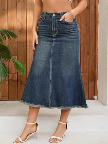 Women's Vintage Denim Maxi Skirt High Waisted A-Line Slit Fishtail Long Jean Skirts2