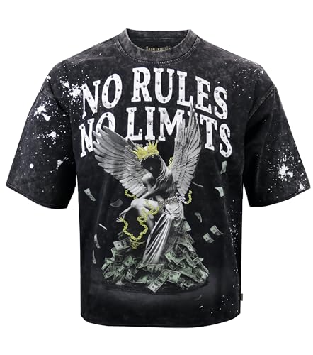 SCREENSHOT-S11601 Mens Oversized Heavyweight Graphic T Shirt – Premium 260 GSM 100% Cotton, Boxy Cropped Streetwear Fit, Acid Washing Luxury Rhinestone Designer Hip Hop Tee-Washed/Black-Large