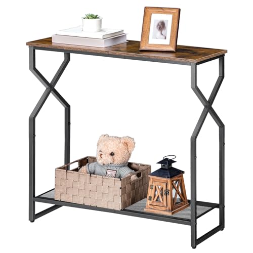 MAHANCRIS 2 Tier Console Table, Sofa Table, Narrow Entryway Table, Hallway Entrance Table, Hourglass-Shaped Frames, Adjustable Feet, for Entrance, Living Room, Hallway, Rustic Brown ACTHR21301