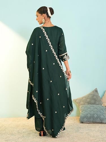 Image of Naixa Women's Vichitra Silk Embroidered A-Line Kurta with Pant and Dupatta Sets (NX-845)