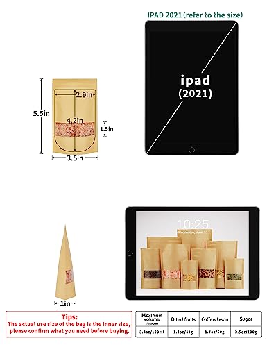 FireKylin-100-Pcs-Kraft-Paper-Bags-with-Window-35-x-55-Stand-Up-Pouches-Bags-Zip-Lock-Food-Storage-Bags-for-Packaging-Products-Reusable-Sealable