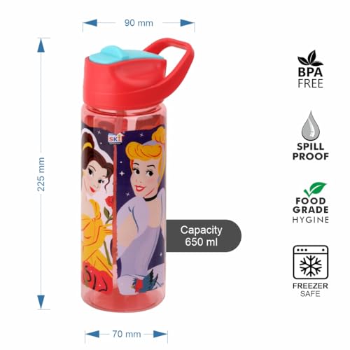 Image of SKi Homeware Plastic GLIDE Sipper Bottles Combo|800 ML + 650 ML|for School,Sports|Teens & Kids|set of 2 bottles|Leakproof,Pop-up Sipper with Handle|Character Merchandise|Princess,Multicolour