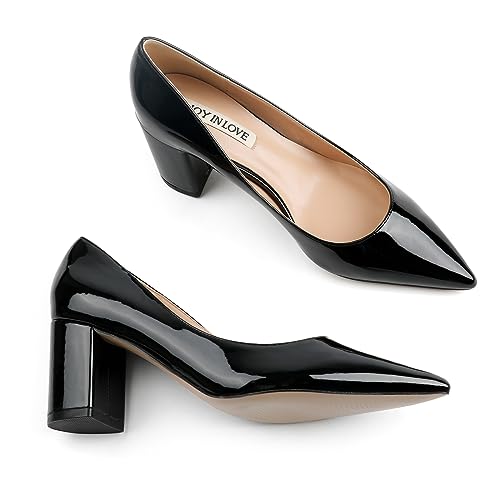 Image of JOY IN LOVE Women's Pointed Toe Chunky Block Heel Pumps | 2.5 inch Block Heels, Comfortable Dress Shoes, Ideal for Office Work, Formal Events, Party and Wedding