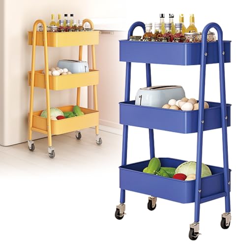PTAIESIAN キッチンワゴン 3段 コンパクト キッチンワゴン キャスター付き ロック付き回転キャスター付き移動式収納カート カーボンスチール製 組み立て簡単 収納ワゴン キッチン、バスルーム、ランドリールームに最適(濃紺)