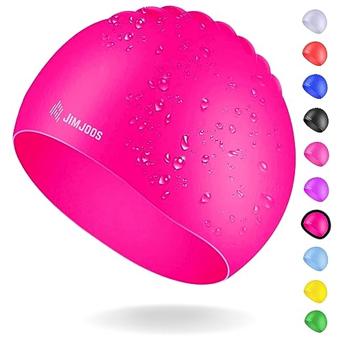 JIMJOOS Gorro de natación para niños de 3 a 14 años, gorro de natación de silicona para niños y niñas, antideslizante, elástico, impermeable, gorro de natación duradero, sin olor, con bolsa protectora