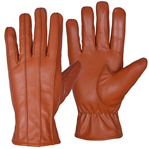 Thermal Leather Gloves for Men Women, Non-slip Grip having soft touch Winter Warm Liner Wind Proof Gloves Used in Running Sport Walking Riding Fishing Driving and Cycling (Brown, Large)