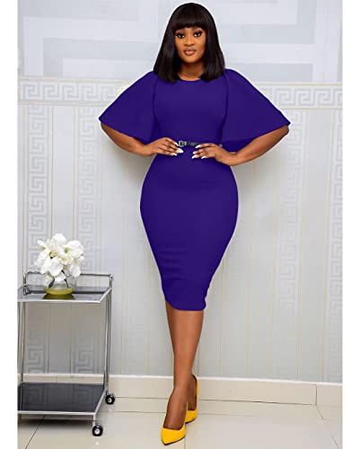 Image of Memoriesea Women's Basic Bodycon Ruffle Flared Short Sleeve Pencil Midi Dress