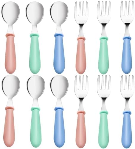Personalized Toddler Utensils, Stainless Steel Toddler Silverware Set With Round Handle, Baby Forks For Self Feeding, Toddler Forks And Toddler Spoons Set, BPA Free,Customizable Names (cartoon
