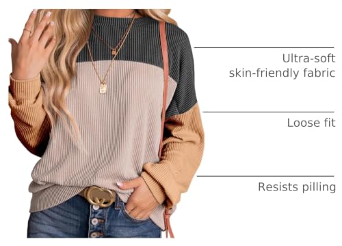 Image of Dokotoo Womens Tops Fashion 2026 Color Block Long Sleeve Shirts for Women Crewneck Knitted Casual Loose Blouses