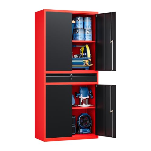 Image of Yizosh Metal Garage Storage Cabinet with Locking Doors and Adjustable Shelves,- 71 inch Tool Storage Cabinet with 1 Drawer for Garage,Office,Warehouse