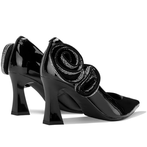 TDD Patent Leather Flower High Heels for Women Pointed Toe Pumps Closed Toe Chunky Block Dressy Comfortable Sexy Elegantes Wedding Slip On Formal Prom Sparkly 3 Inch Pump4