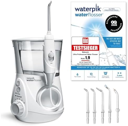 Waterpik Ultra Professional Munddusche, Testsieger 2026, Precision Pulse Technology, TÜV Siegel, bis zu 99,9 Prozent Plaque Entfernung, 6x Aufsätze, 10x individuelle Modi, integrierter Timer, weiß