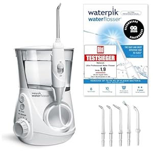 Waterpik Ultra Professional Munddusche, Testsieger 2025, Precision Pulse Technology, TÜV Siegel, bis zu 99, 9 Prozent Plaque Entfernung, 6x Aufsätze, 10x individuelle Modi, integrierter Timer, Weiß