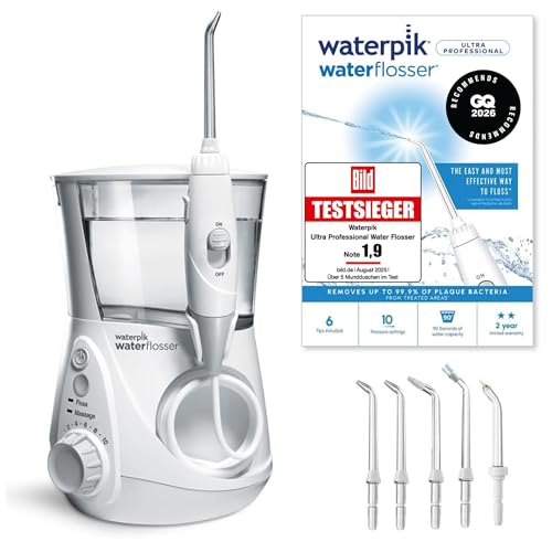 Waterpik Ultra Professional Munddusche, Testsieger 2026, Precision Pulse Technology, TÜV Siegel, bis zu 99,9 Prozent Plaque Entfernung, 6x Aufsätze, 10x individuelle Modi, integrierter Timer, weiß