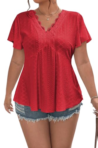 Eytino Plus Size Tops for Women Lace V Neck Short Sleeve Eyelet Embroidery Summer Blouse Loose Peplum Shirts,2X Fiery Red