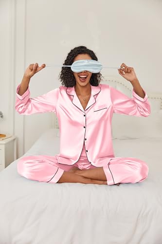 Image of Ekouaer Women's Classic Button Down Long Satin Silk Pajama Set