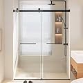 BATHWILLER 44"-48" W x 76" H Double Sliding Shower Door, 5/16" (8mm) Clear Tempered Glass Frameless Shower Door with Nano Easy Clean Coating, Stainless Steel Hardware, Soft Close, Matte Black