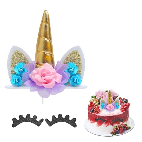 VOSOOT decoracion cumpleaños de pastel de unicornio dorado con pestañas artificiales y base,decoracion tartas cumpleaños unicornio 3D para de niñas, ideal para infantiles Fiesta, boda