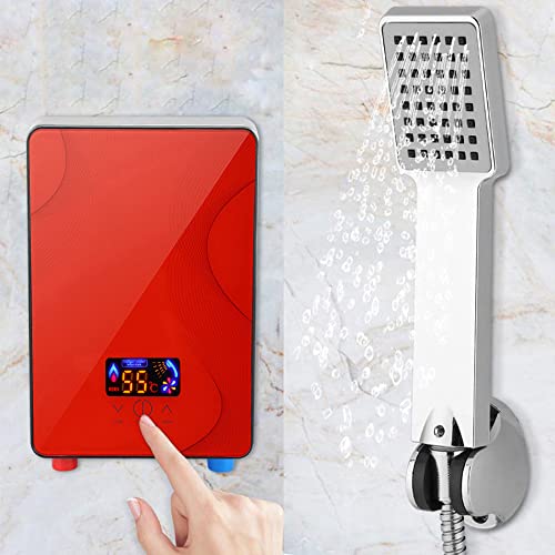 DiLiBee Calentador de agua electrónico de 6,5 kW, sin depósito, calefactor instantáneo con juego de ducha, 220 V, 30 ℃-55 ℃, ajustable digitalmente, para ducha, baño, cocina (rojo)